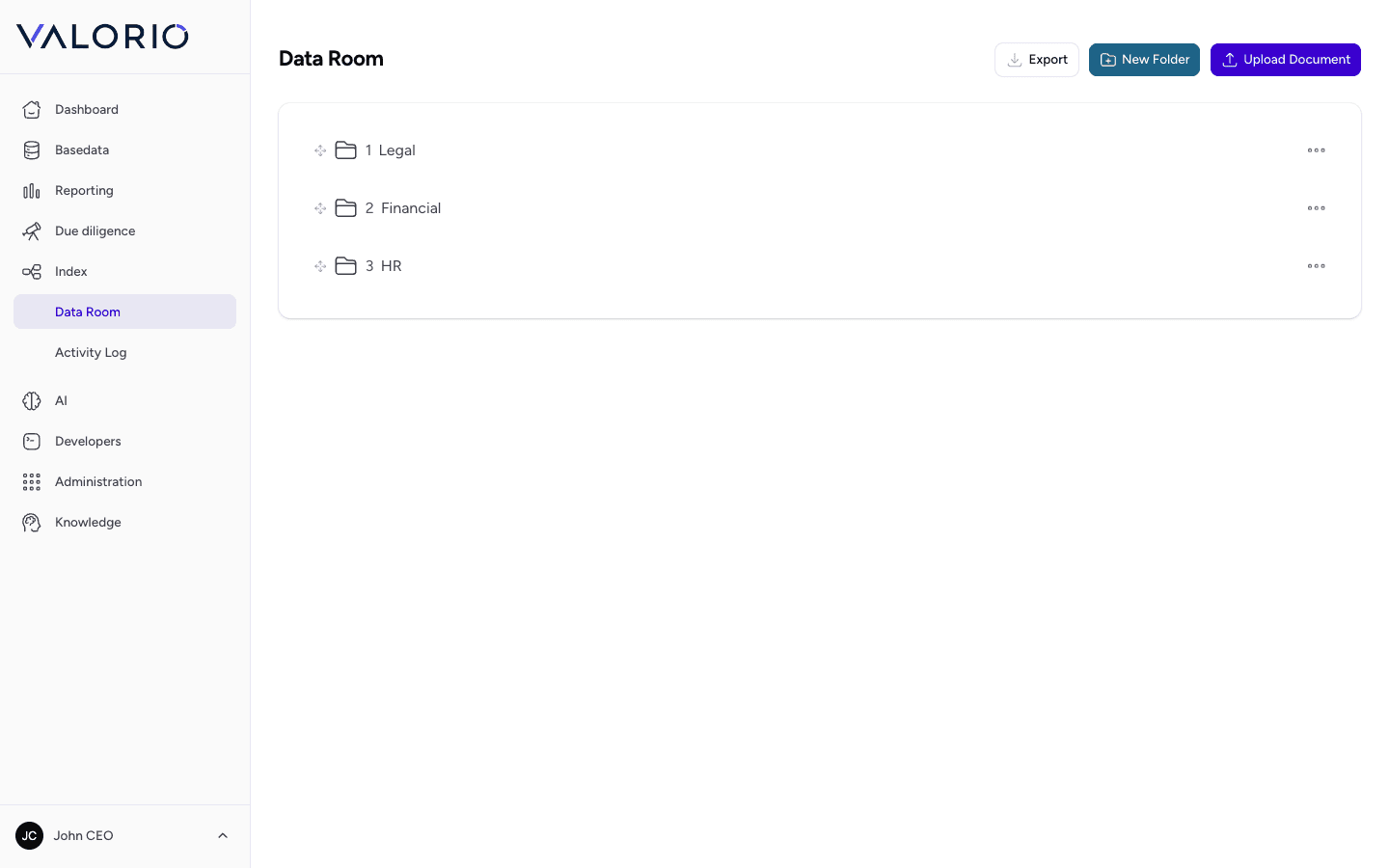VALORIO data room screen showing document folders for Legal, Financial, HR, and TX
