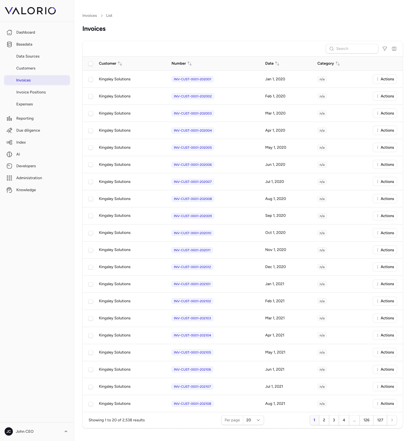 VALORIO Invoices screen under Basedata, listing invoice records imported from a connected earnings source