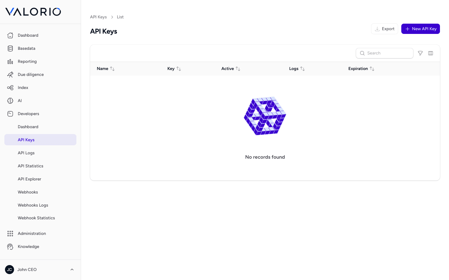 VALORIO API Keys screen under Developers, showing an empty table with a button to create a key