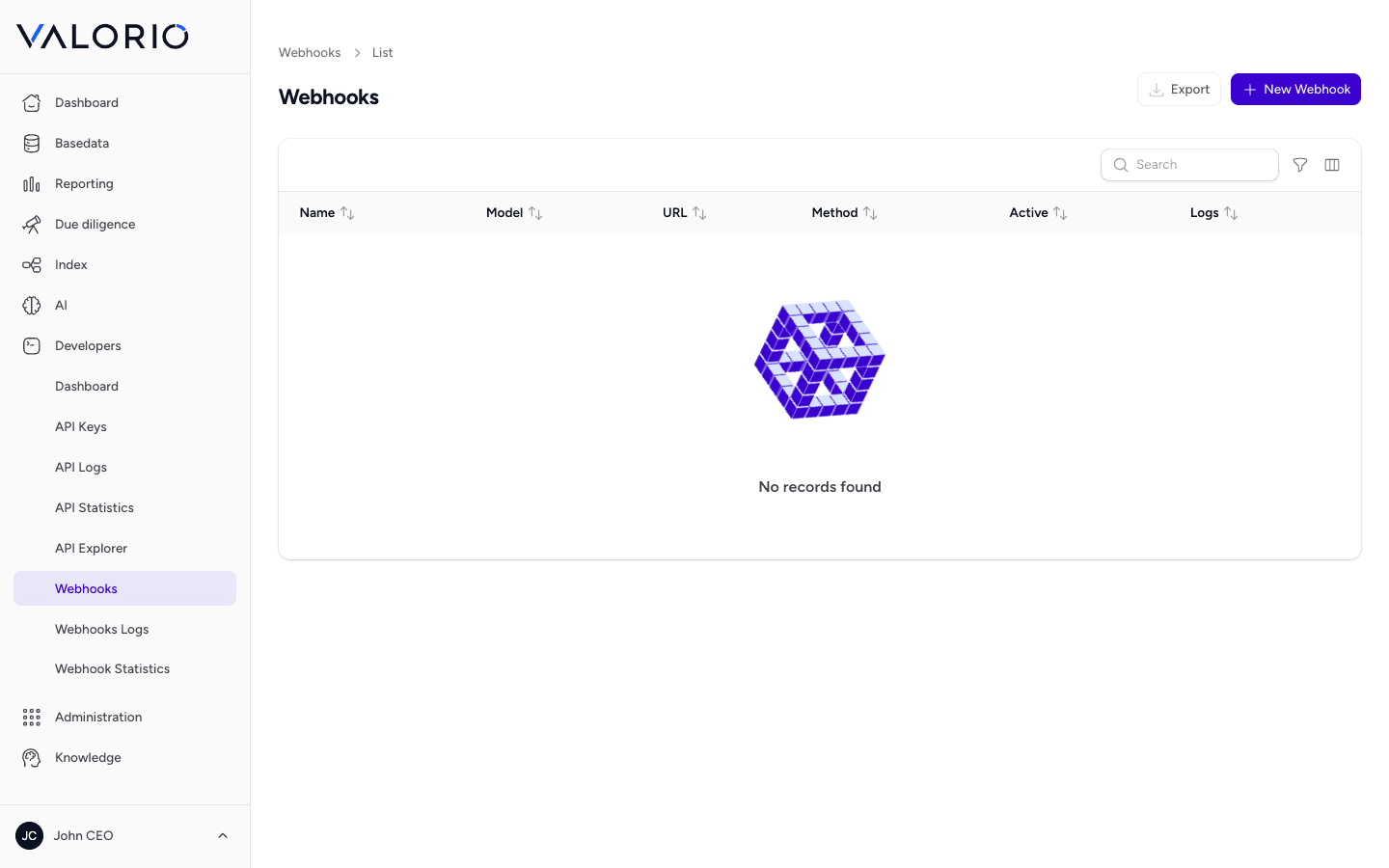 VALORIO Webhook Triggers screen under Developers, ready to configure a trigger's model, method, and target URL